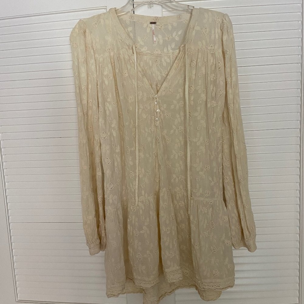 Free People Embroidered Floral Keyhole Neckline Tunic Top Ivory Women's XS